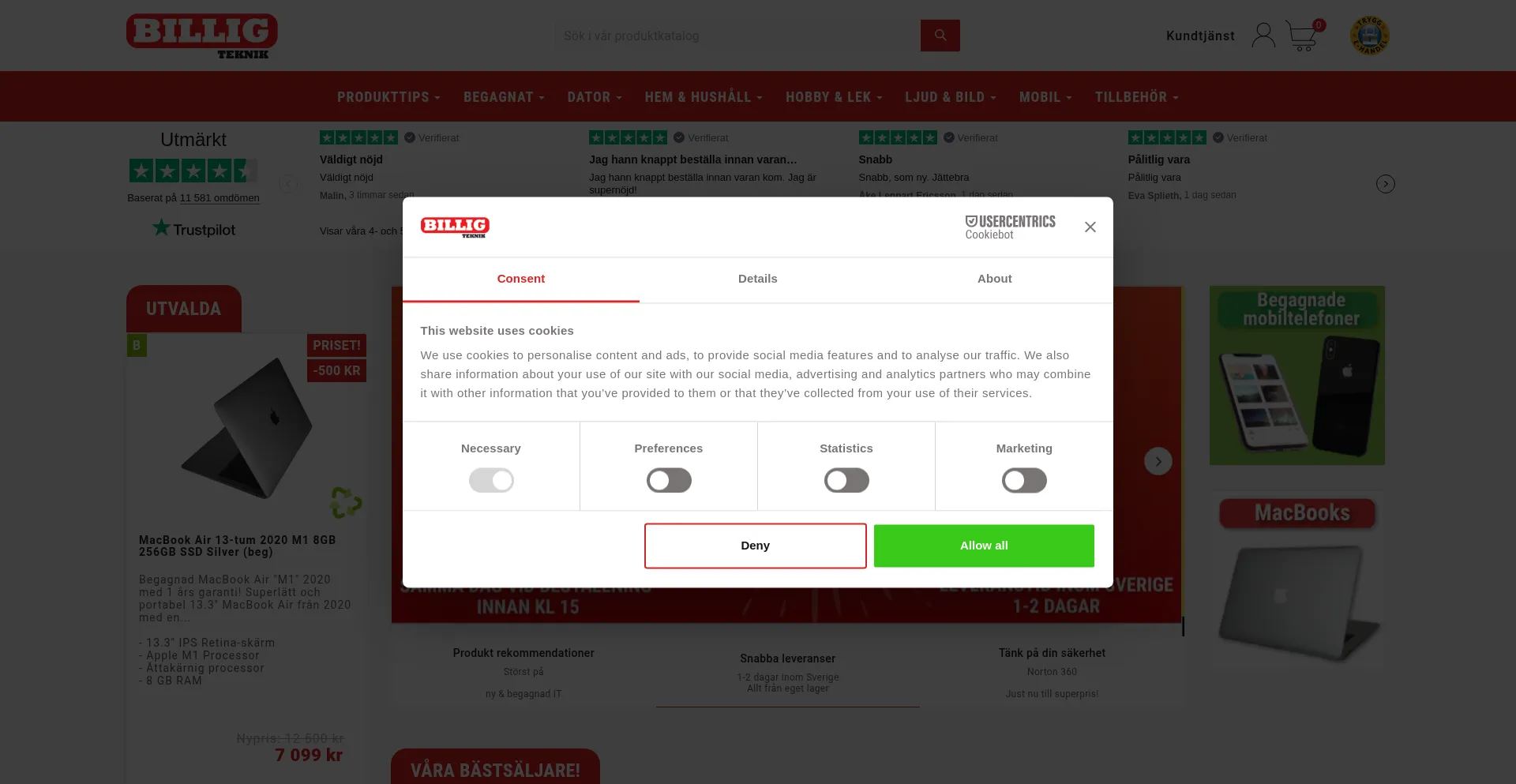 Website screenshot of Billigteknik.se
