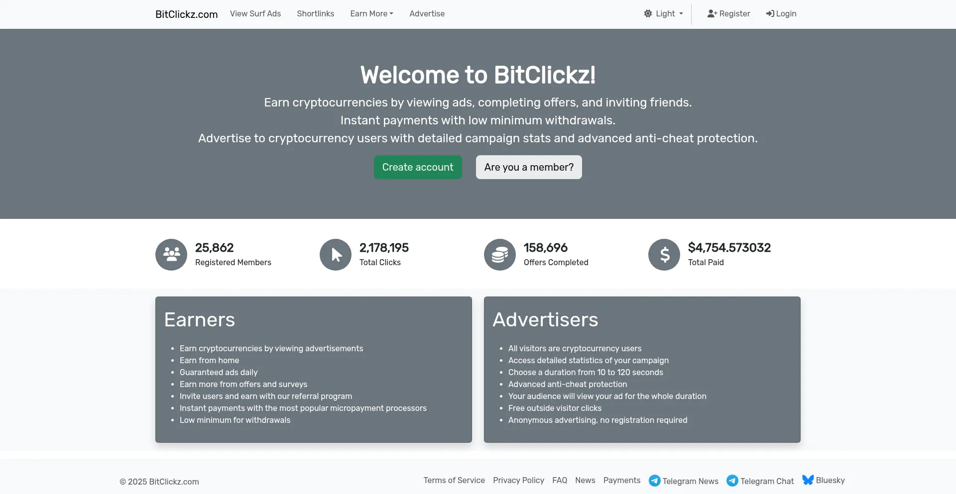 Website screenshot of Bitclickz.com