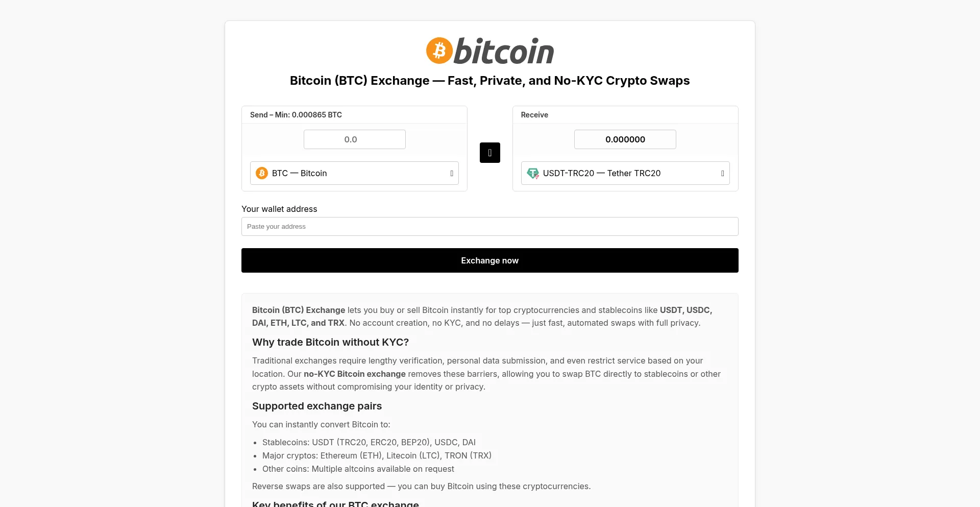 Website screenshot of Bitcoin-swap.exchange