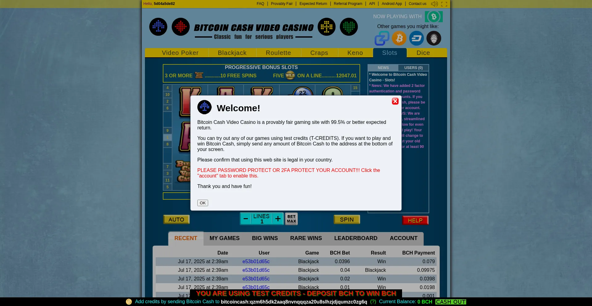 Website screenshot of Bitcoincashvideocasino.com