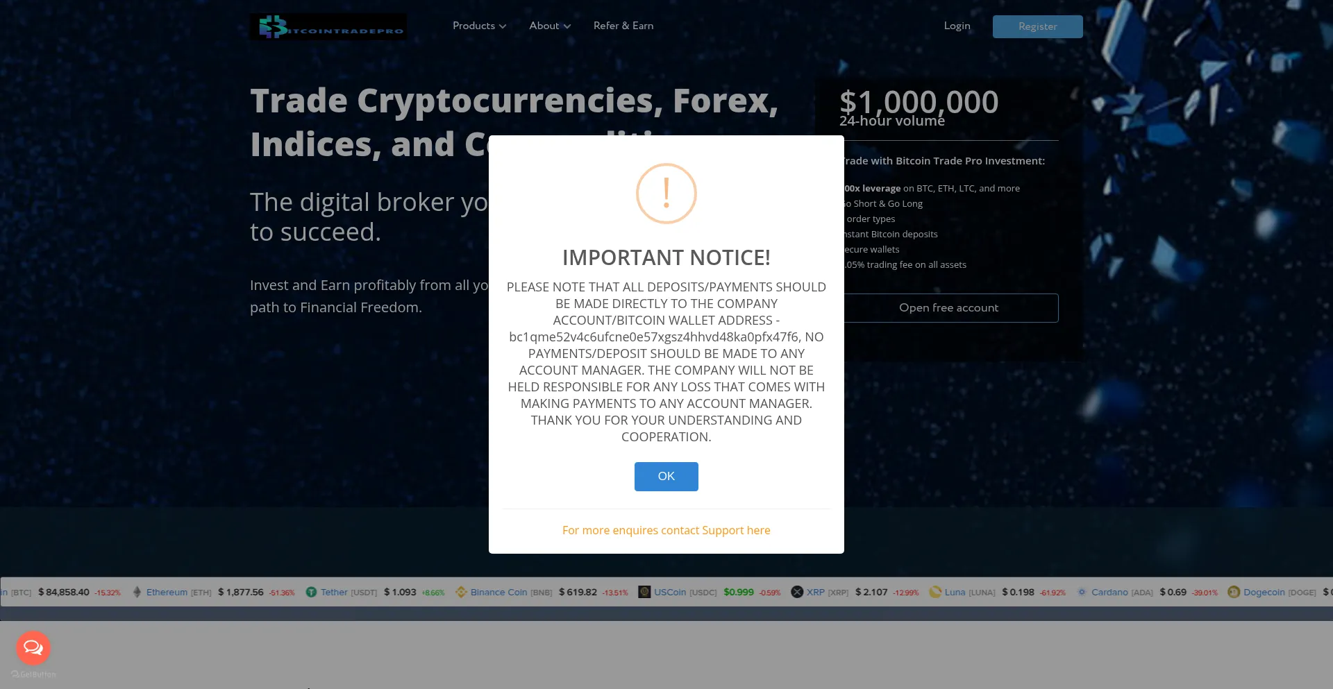 Website screenshot of Bitcointrade-proinvestment.com