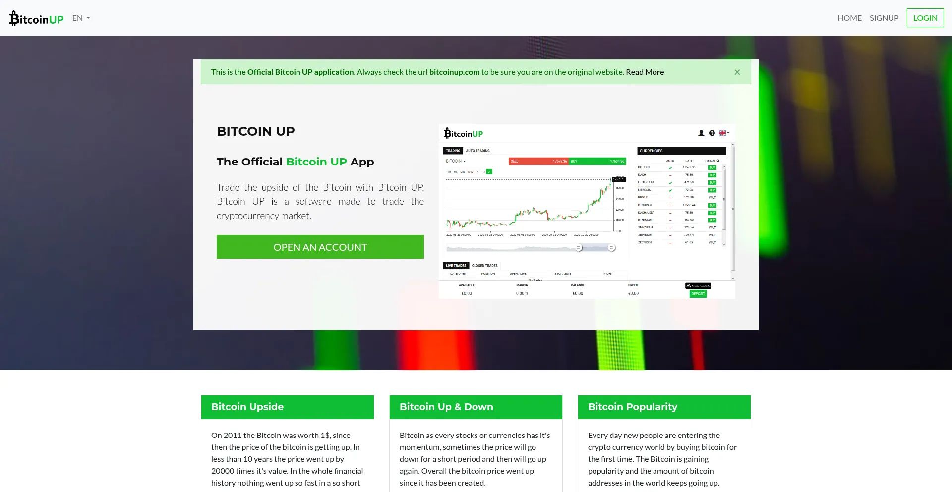 Website screenshot of Bitcoinup.com