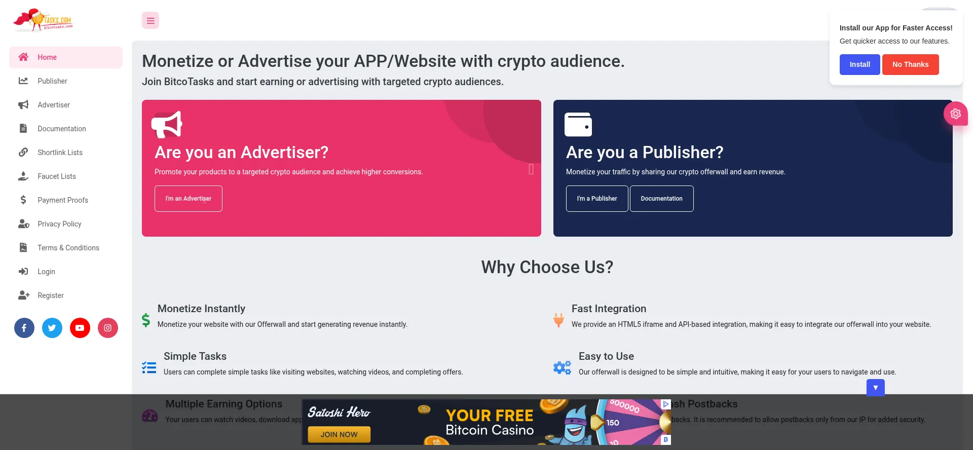 Website screenshot of Bitcotasks.com