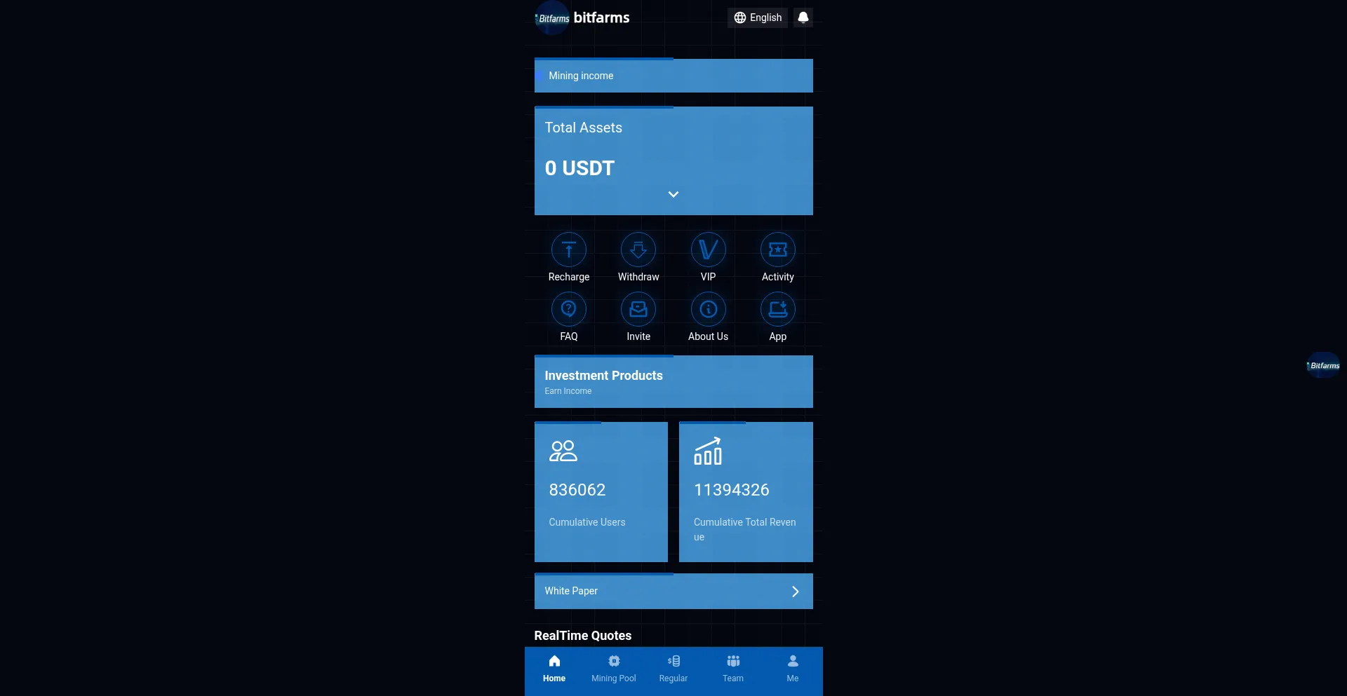 Website screenshot of Bitfarms.online