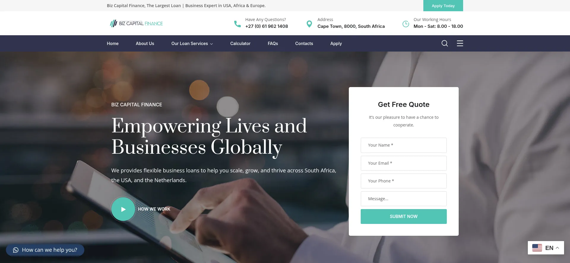 Website screenshot of Bizcapitalfinance.co.za