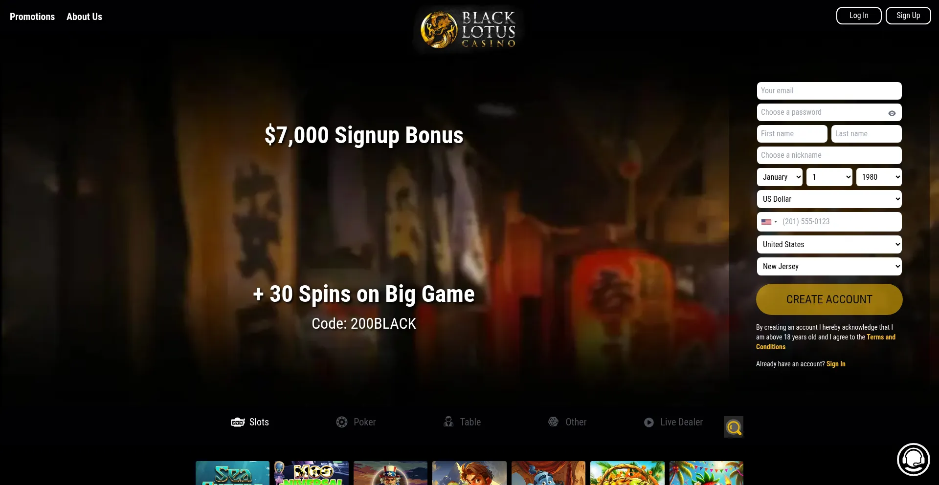 Website screenshot of Blacklotuscasino.com