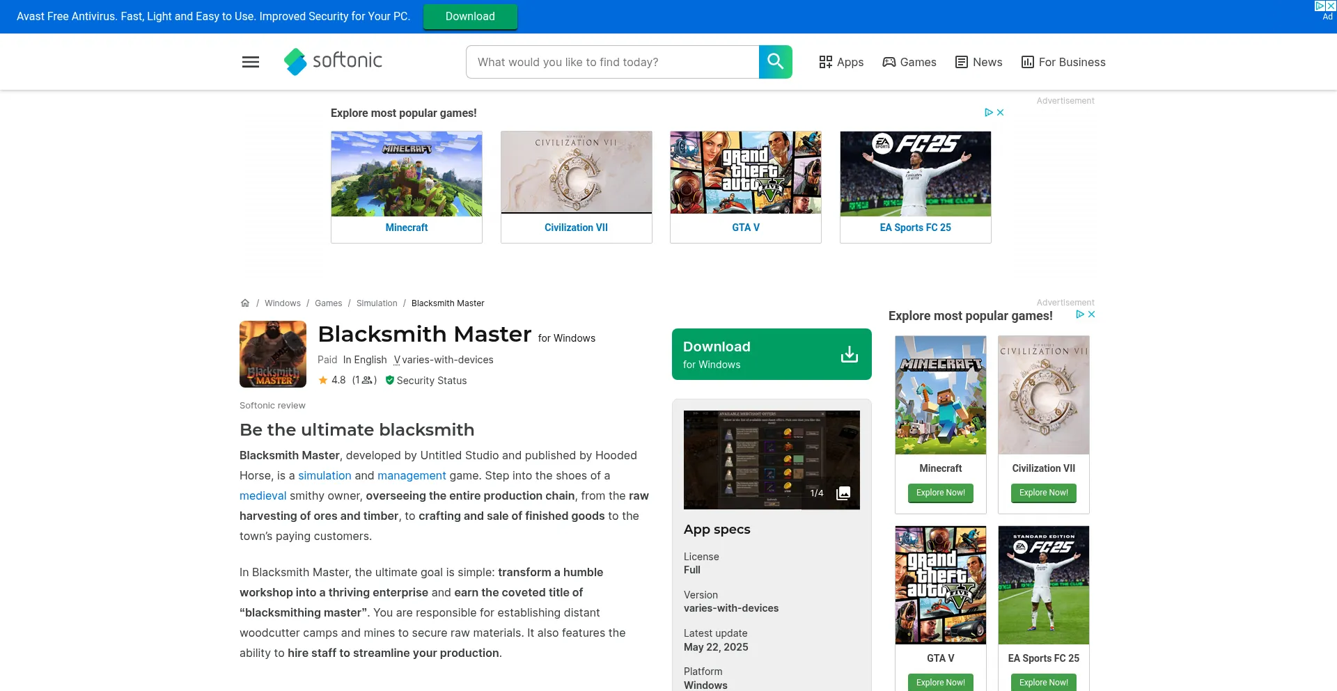 Website screenshot of Blacksmith-master.en.softonic.com