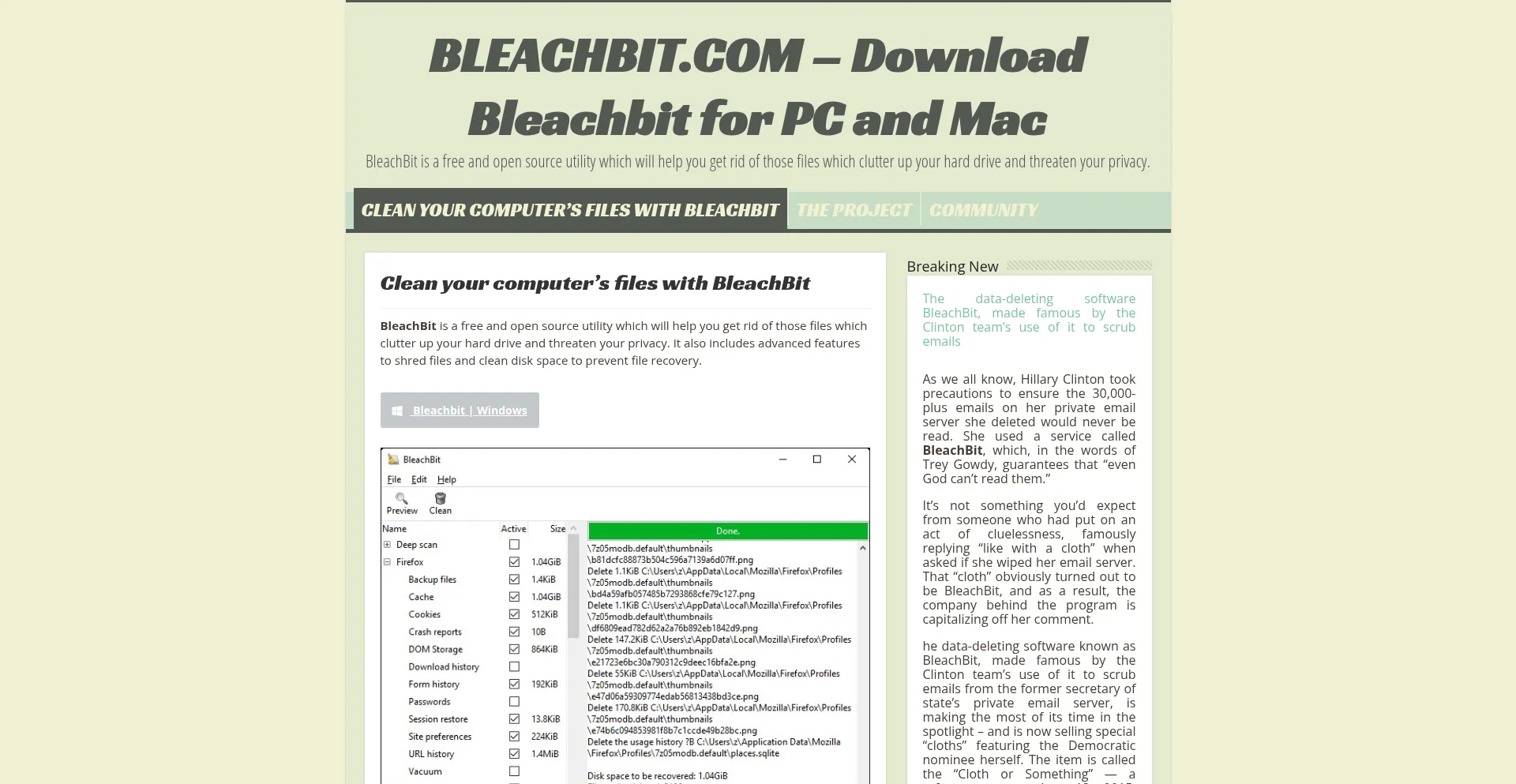 Website screenshot of Bleachbit.com