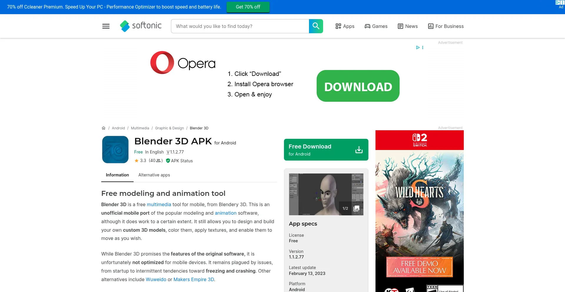 Website screenshot of Blender-3d.en.softonic.com
