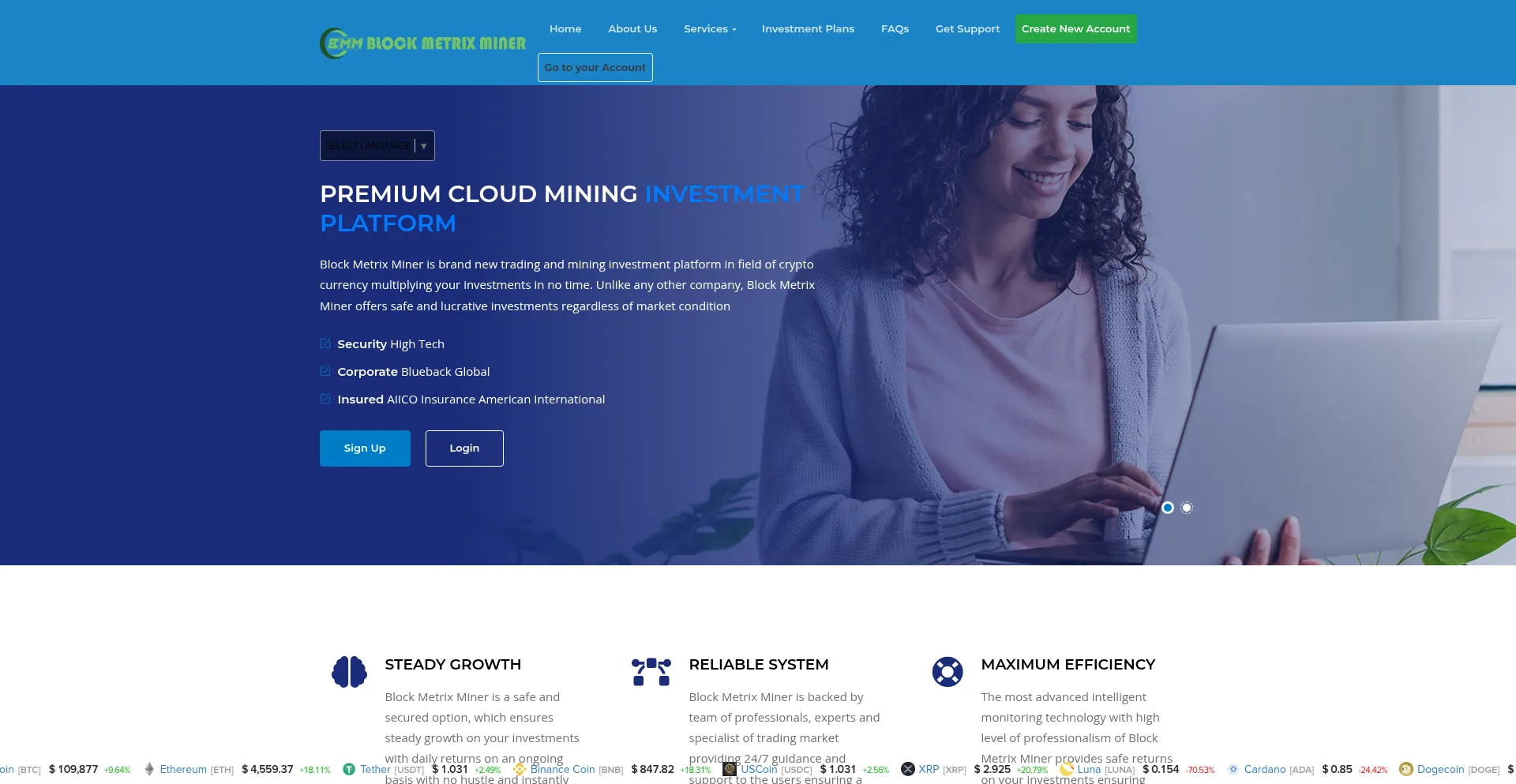 Website screenshot of Blockmetrixminers.org