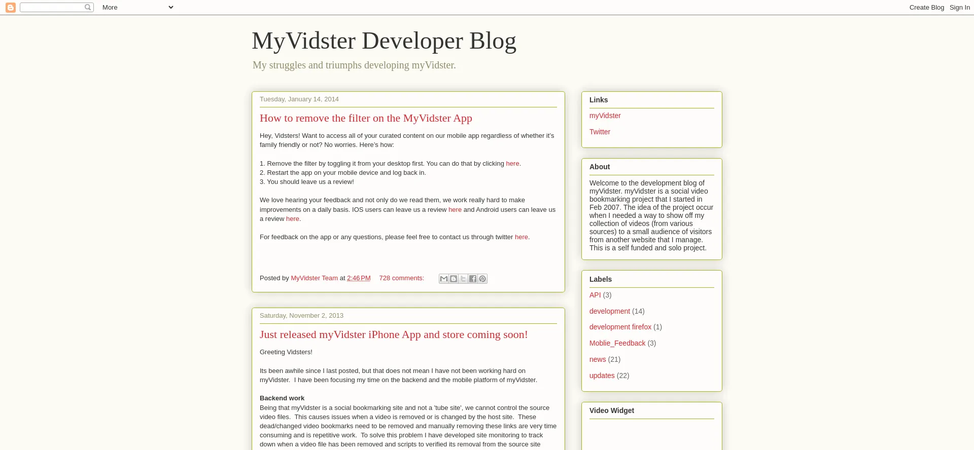 Website screenshot of Blog.myvidster.com