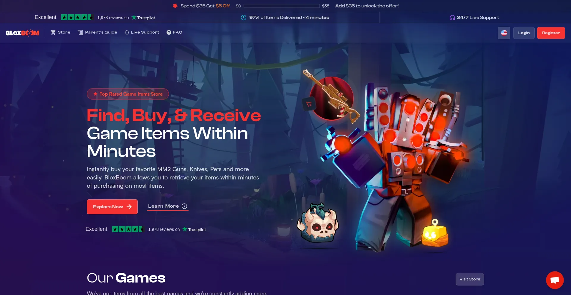 Website screenshot of Bloxboom.com