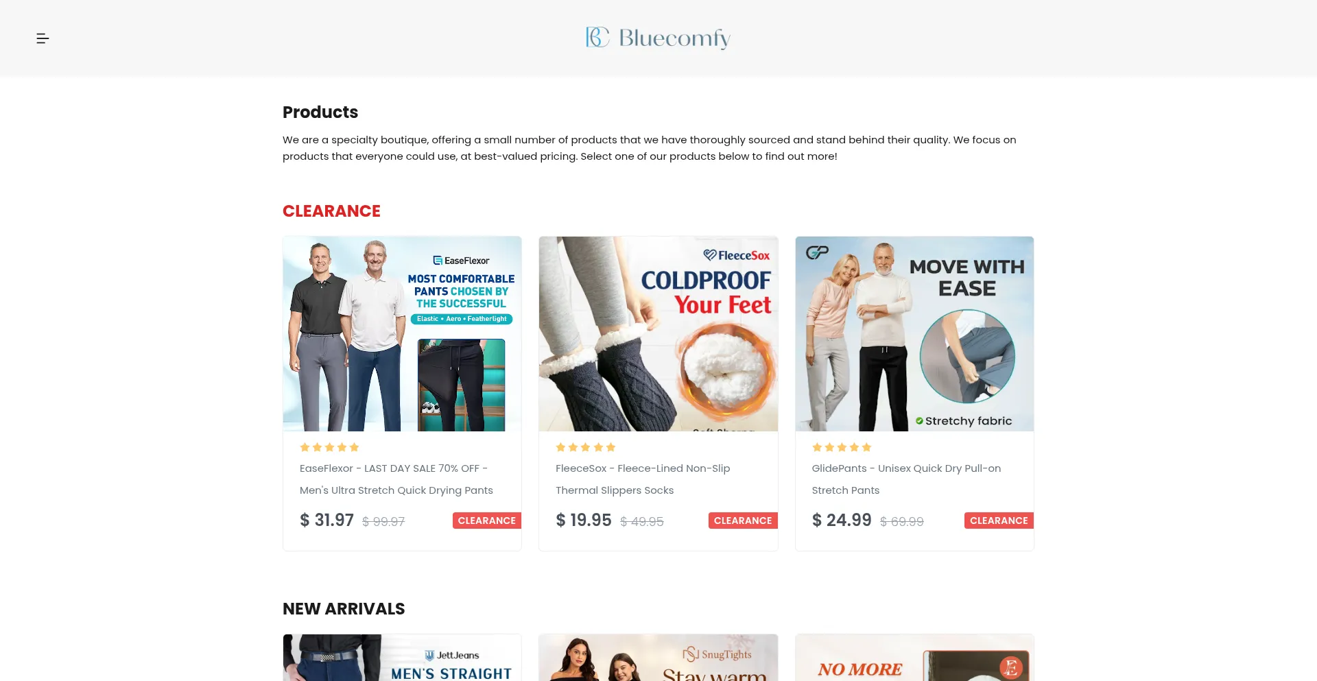 Website screenshot of Bluecomfy.com