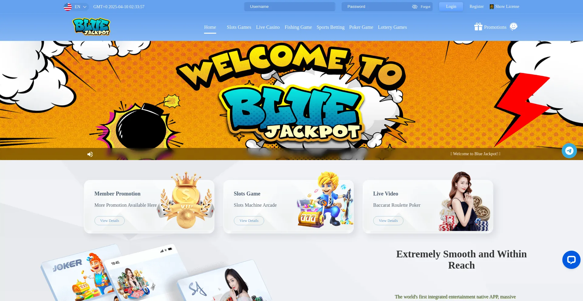 Website screenshot of Bluejackpot888.com