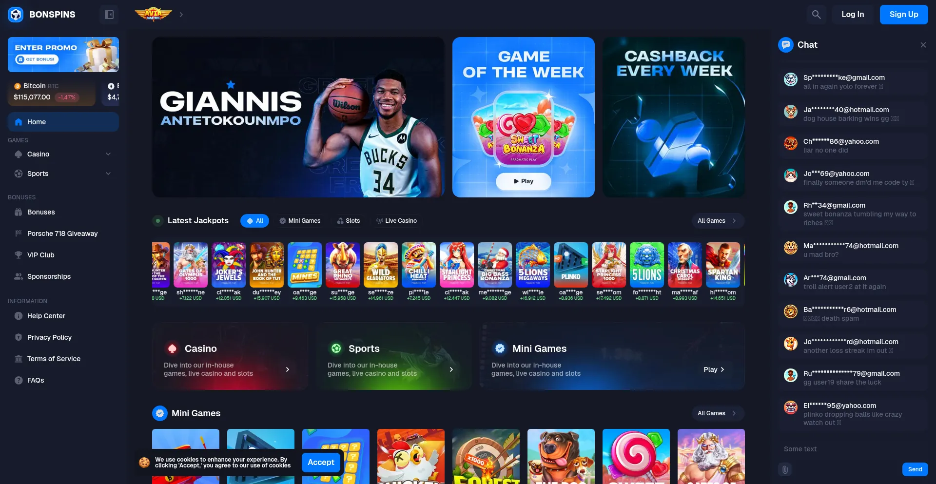 Website screenshot of Bonspins.com