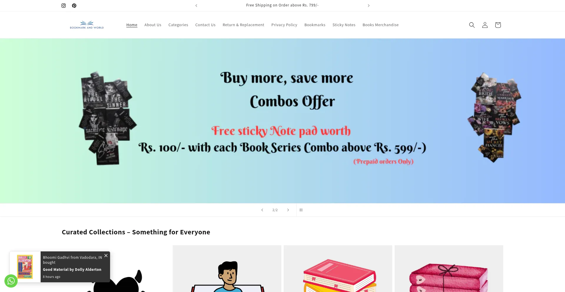 Website screenshot of Bookmarkandworld.com