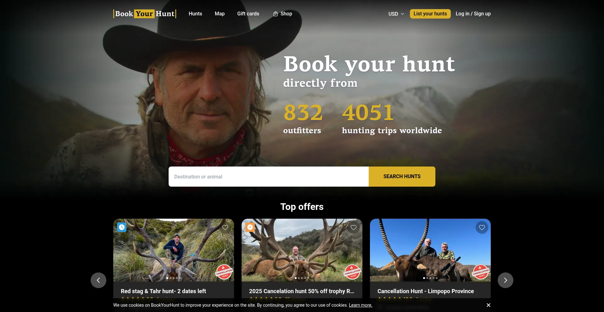 Website screenshot of Bookyourhunt.com