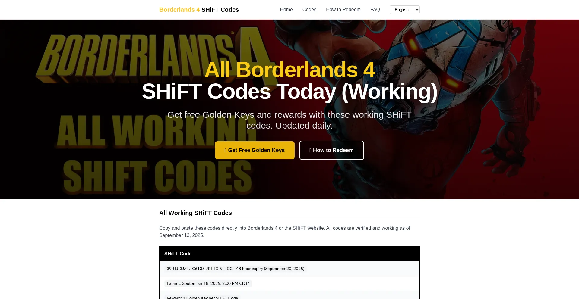 Borderlandsshiftcodes.org Screenshot