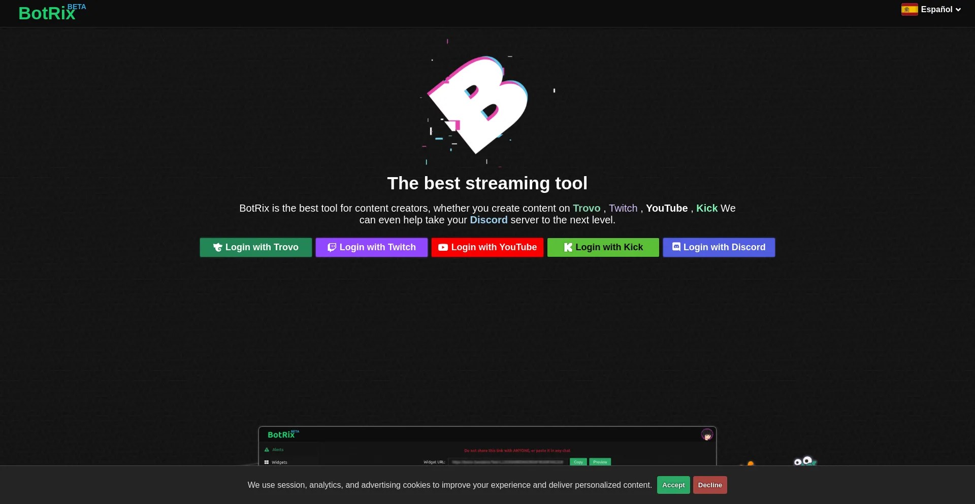 Website screenshot of Botrix.live