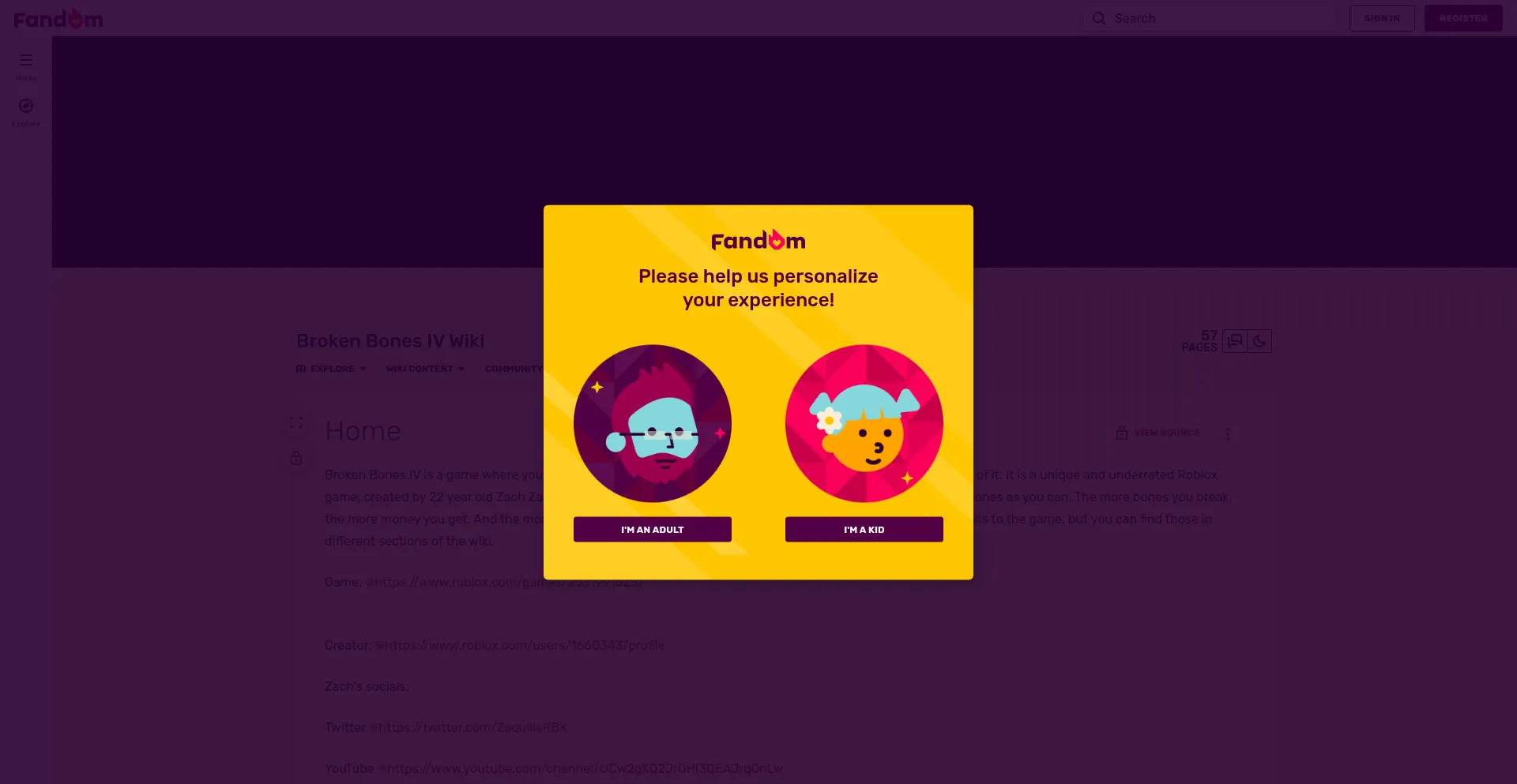 Website screenshot of Broken-bones-iv.fandom.com