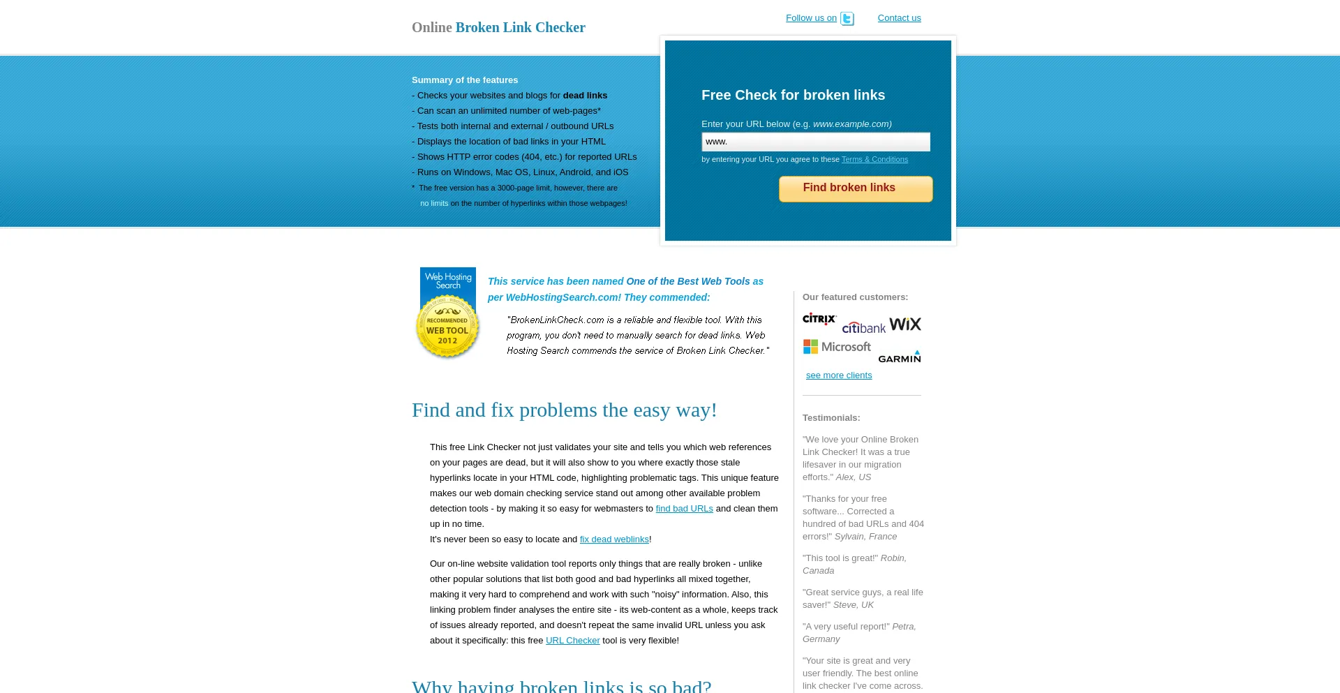 Website screenshot of Brokenlinkcheck.com
