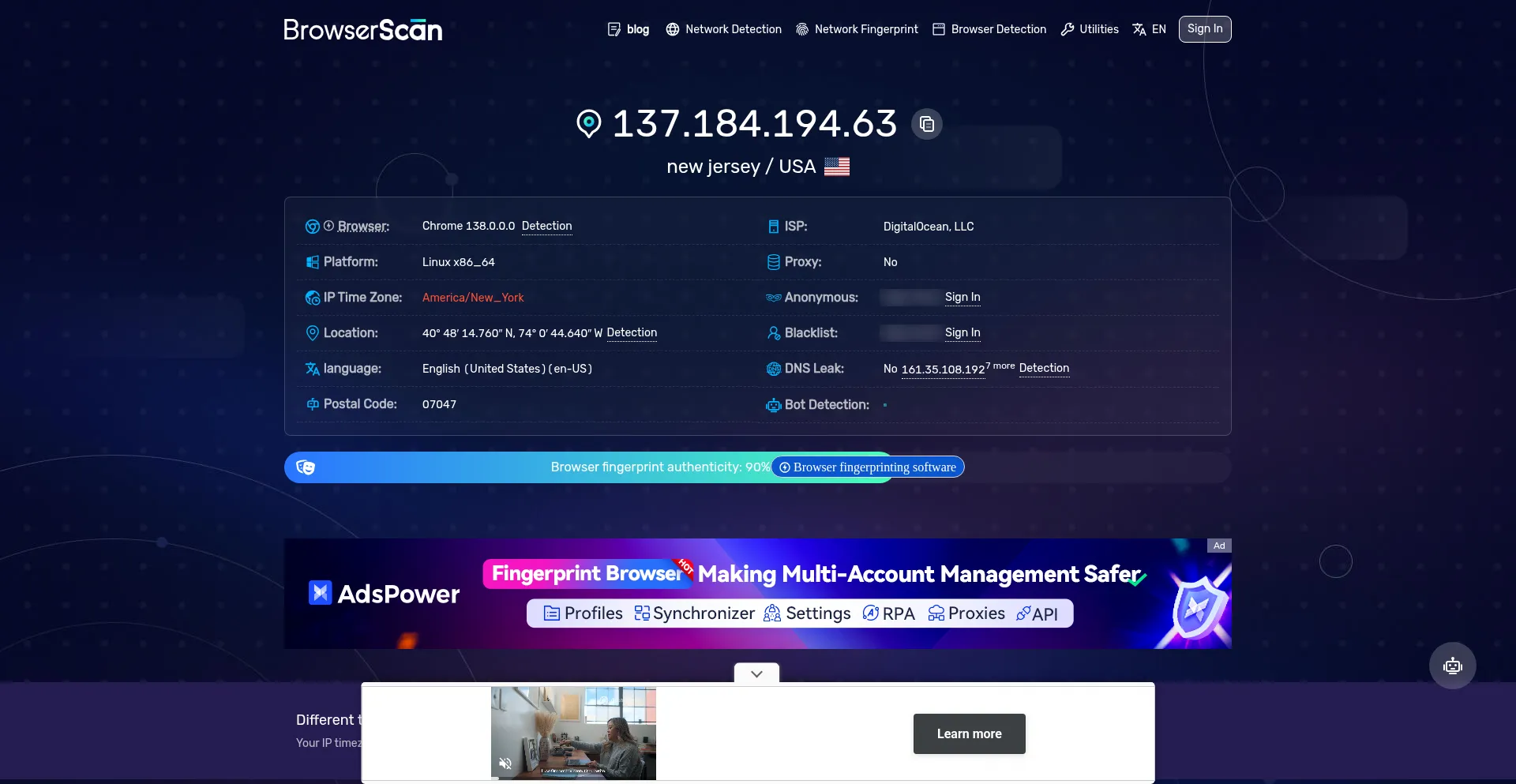 Website screenshot of Browserscan.net