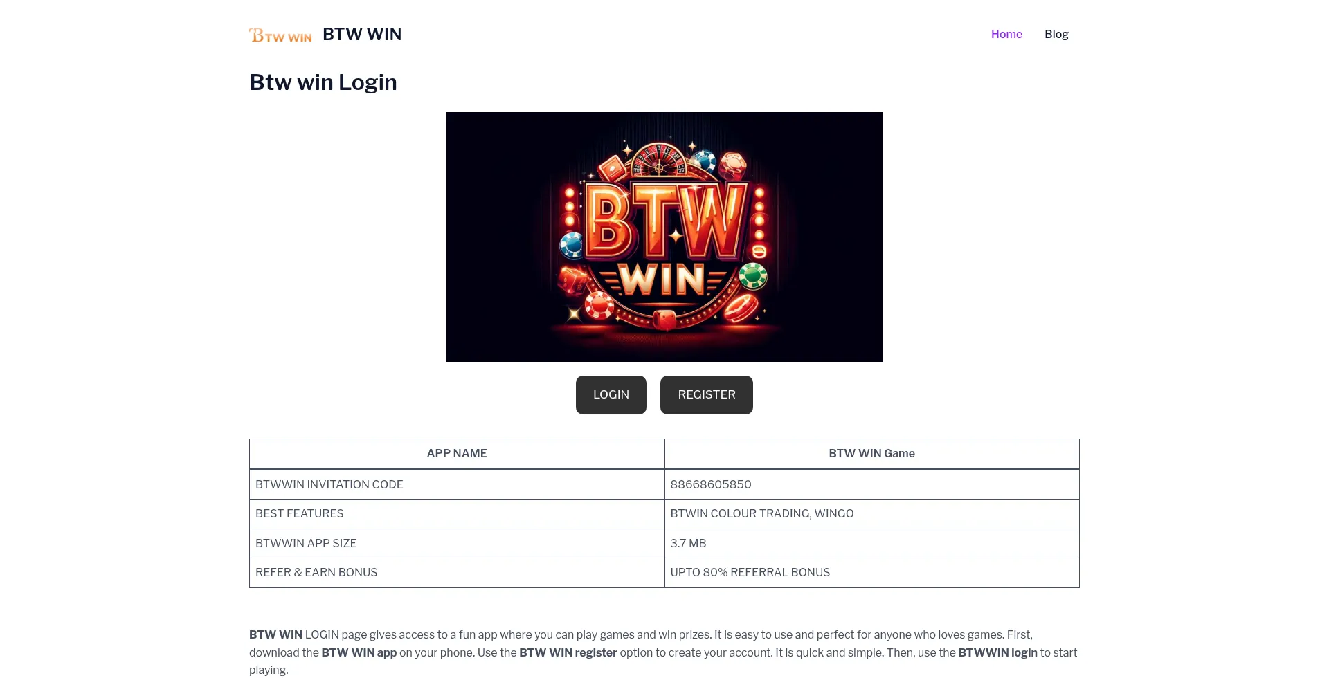 Website screenshot of Btwwin.site
