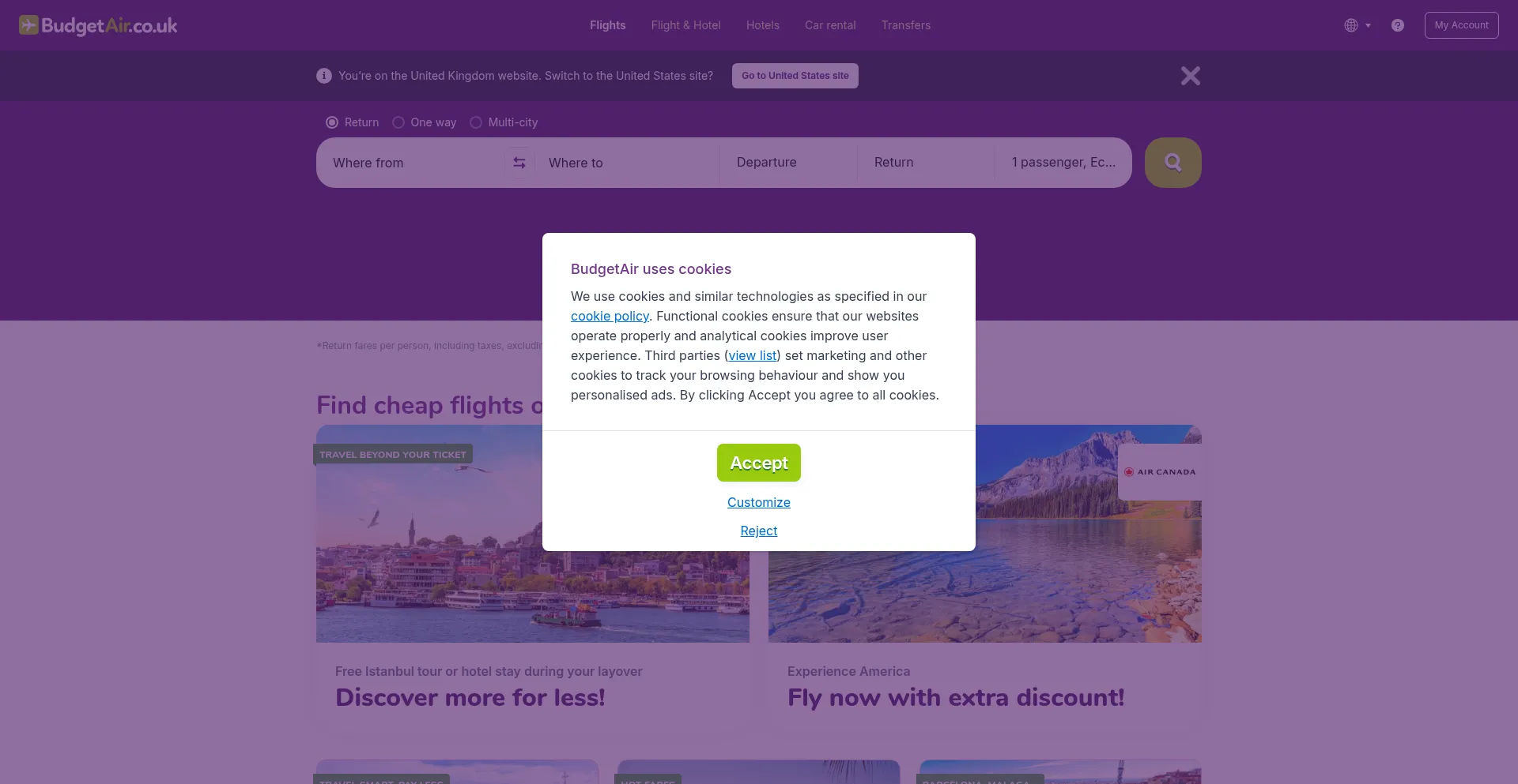 Website screenshot of Budgetair.co.uk