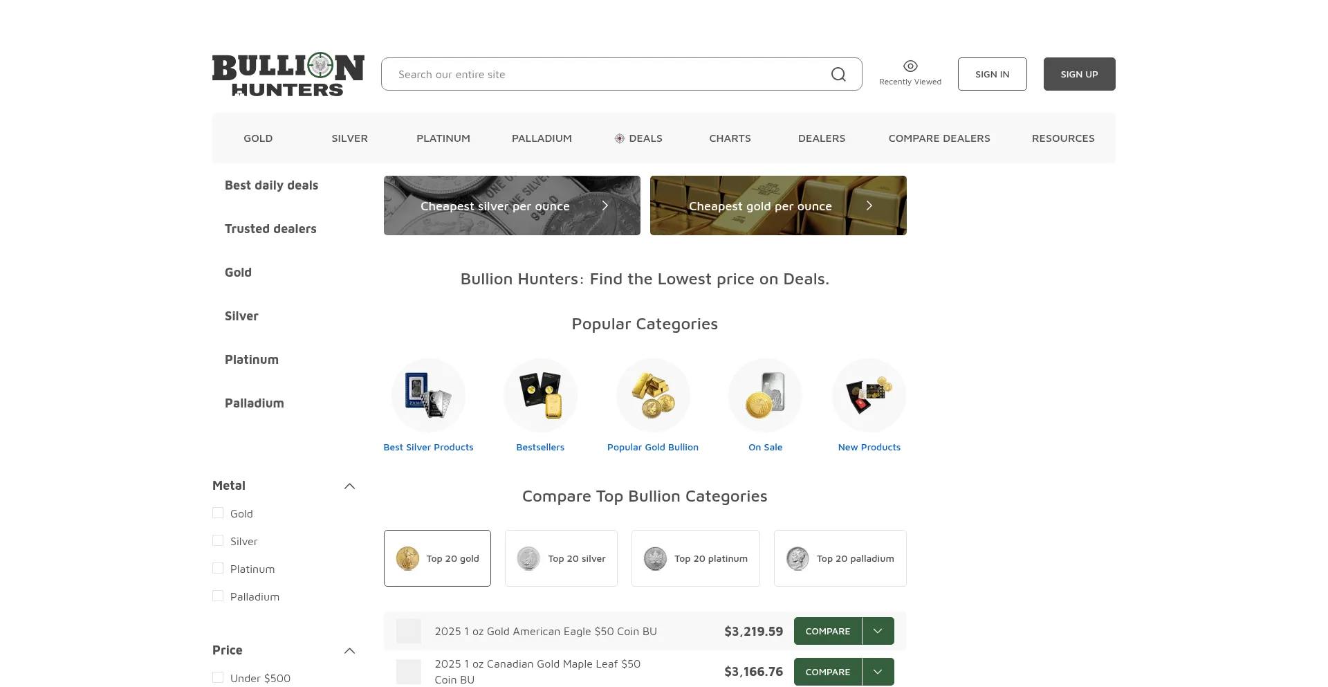 Website screenshot of Bullionhunters.com