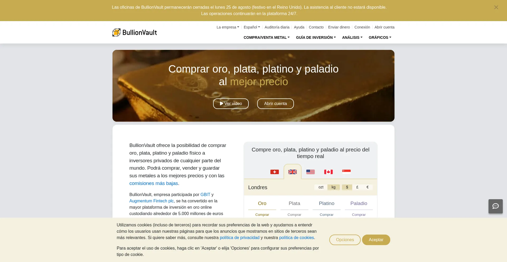 Website screenshot of Bullionvault.es