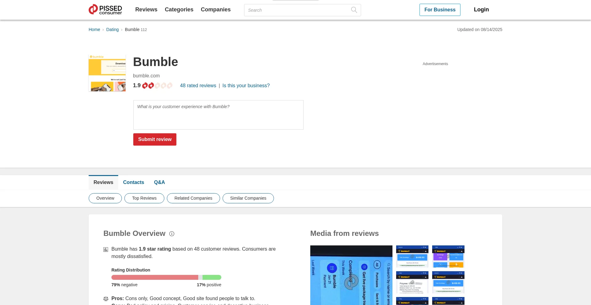 Website screenshot of Bumble.pissedconsumer.com