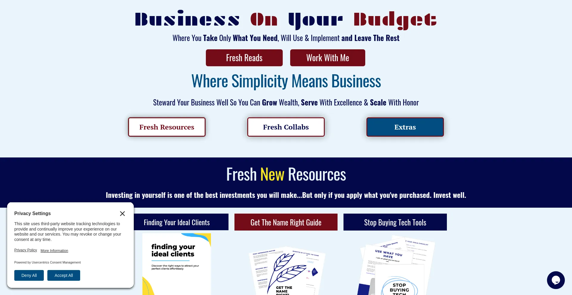 Website screenshot of Businessonyourbudget.com