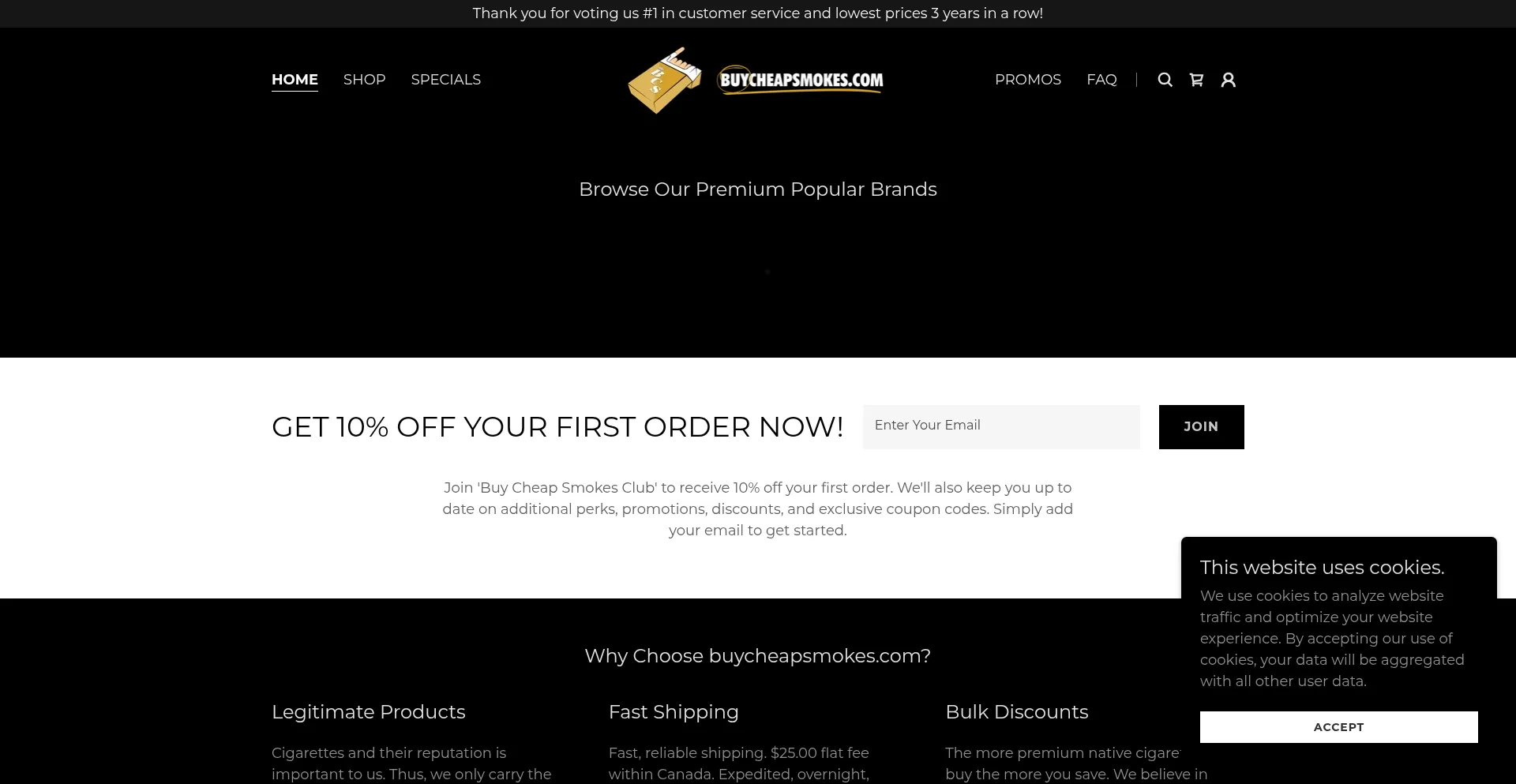 Website screenshot of Buycheapsmokes.com