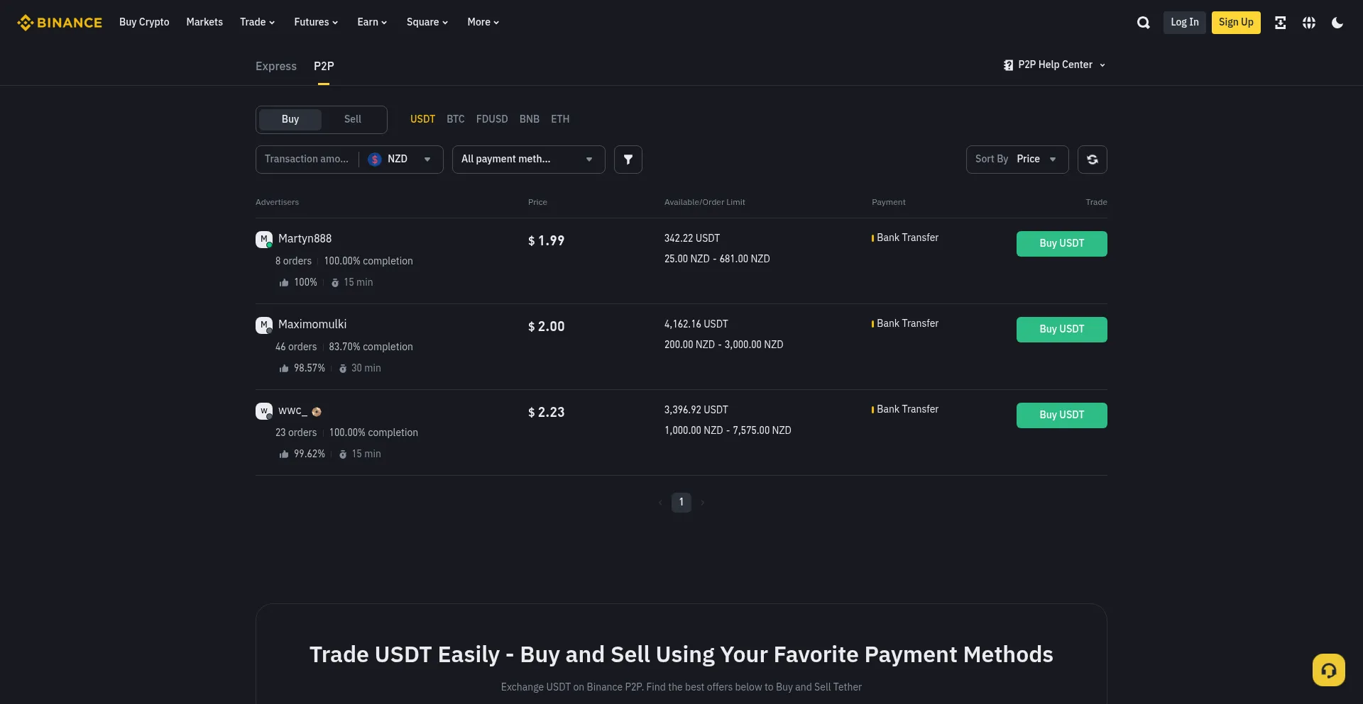 Website screenshot of C2c.binance.com