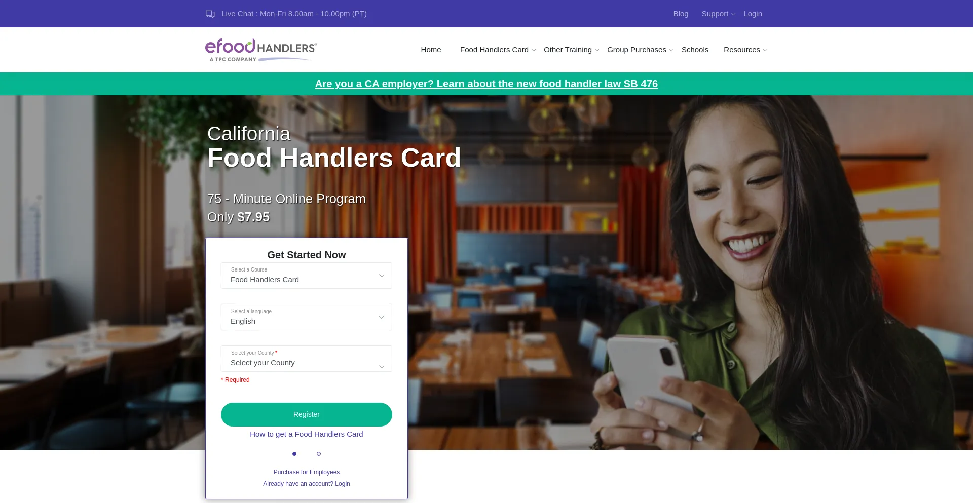 Website screenshot of Cafoodhandlers.com