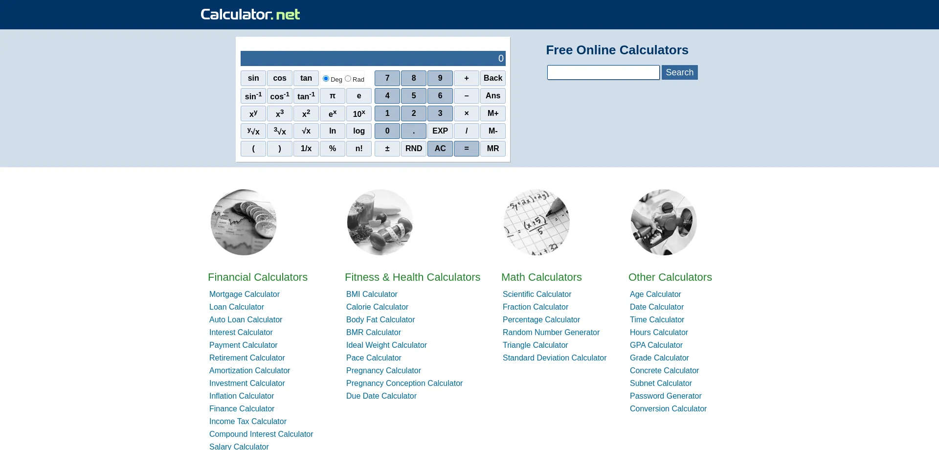 Website screenshot of Calculator.net