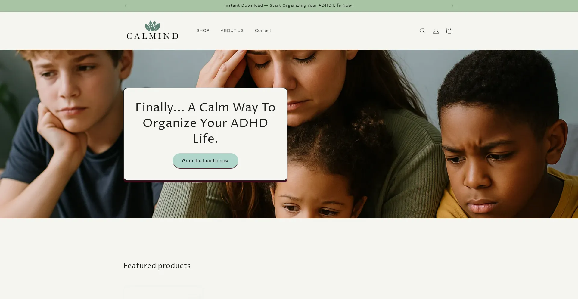 Website screenshot of Calmindz.myshopify.com