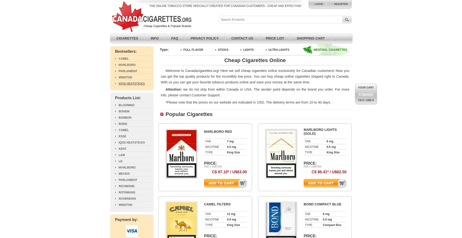 Website screenshot of Canadacigarettes.org