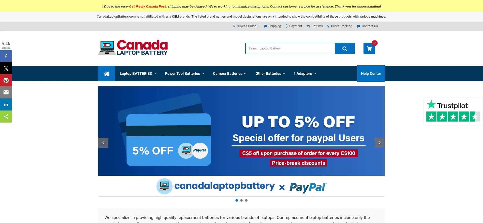Website screenshot of Canadalaptopbattery.com