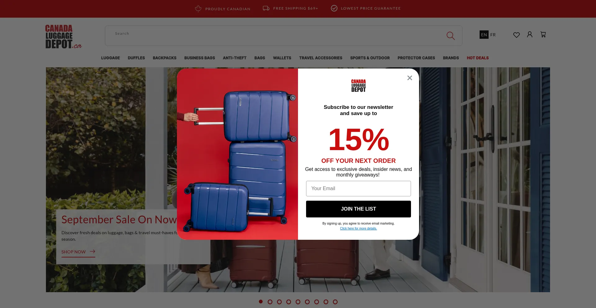 Website screenshot of Canadaluggagedepot.ca