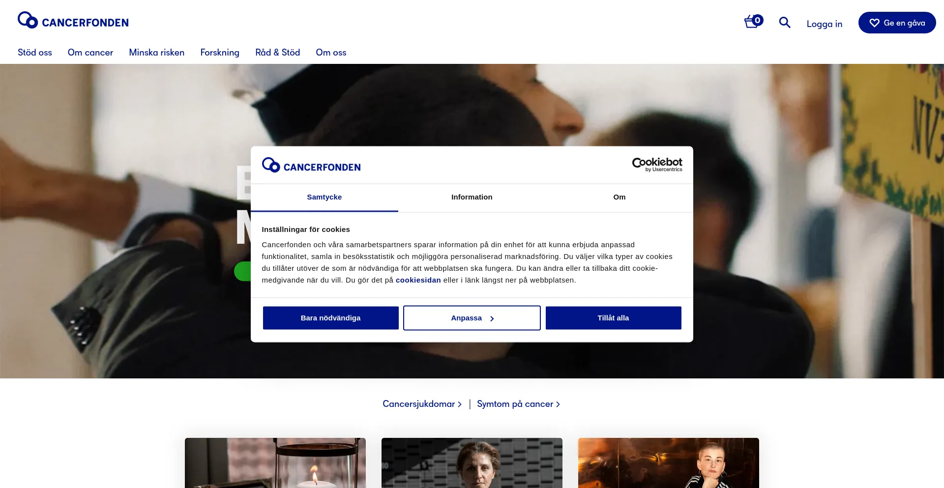 Website screenshot of Cancerfonden.se