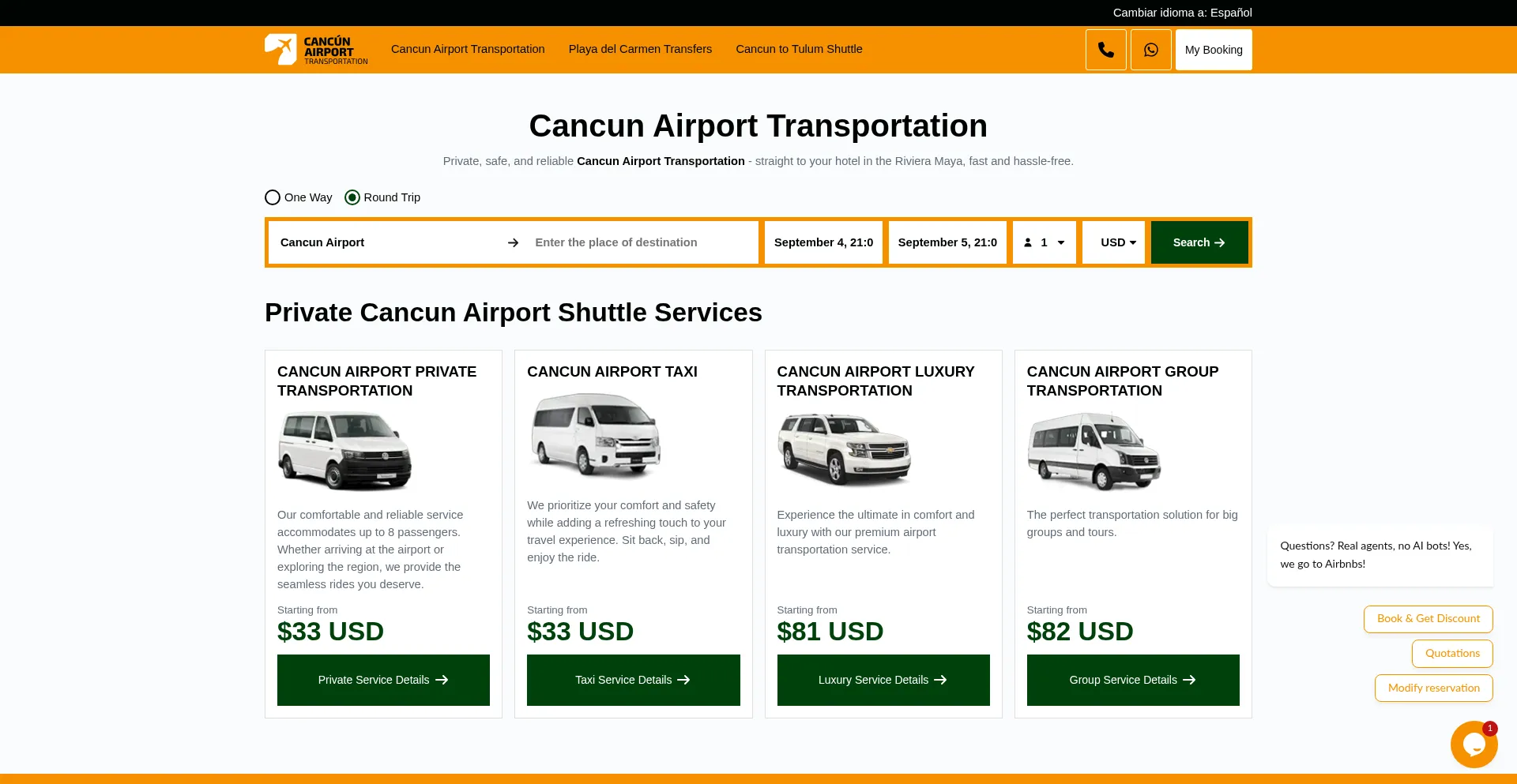 Website screenshot of Cancun-airport-transportation.com