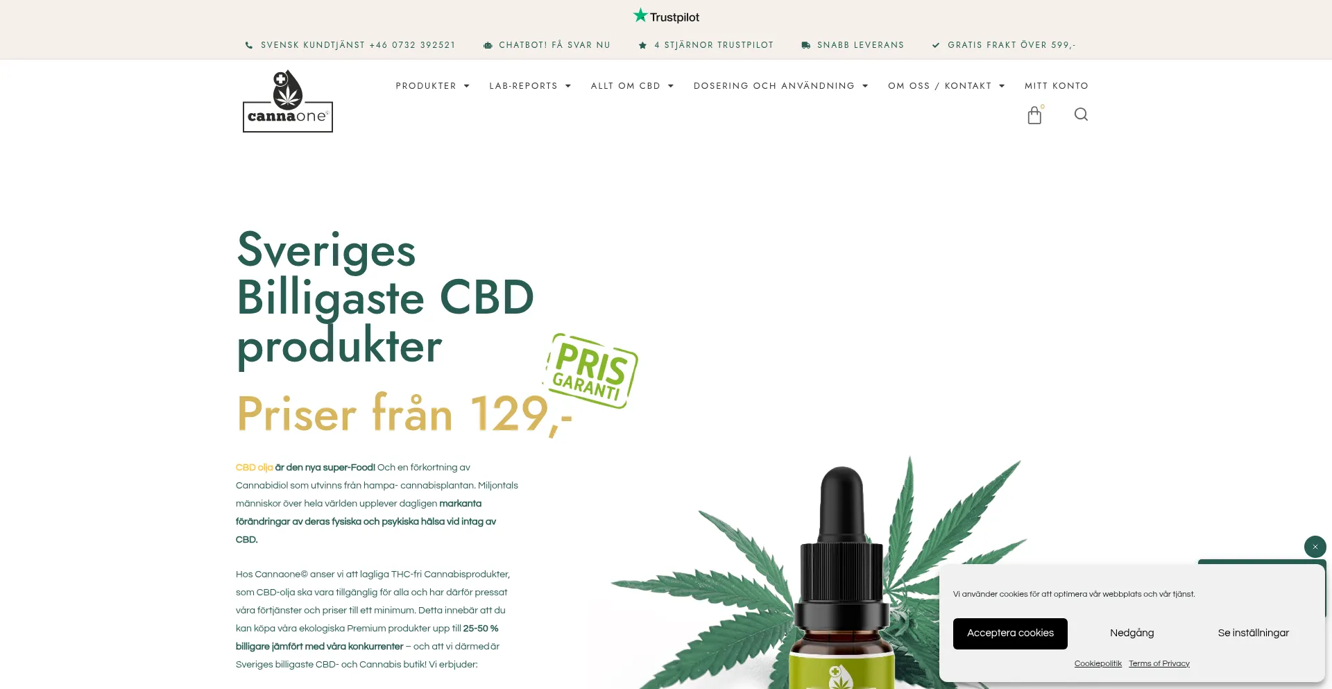 Website screenshot of Cannaone.se