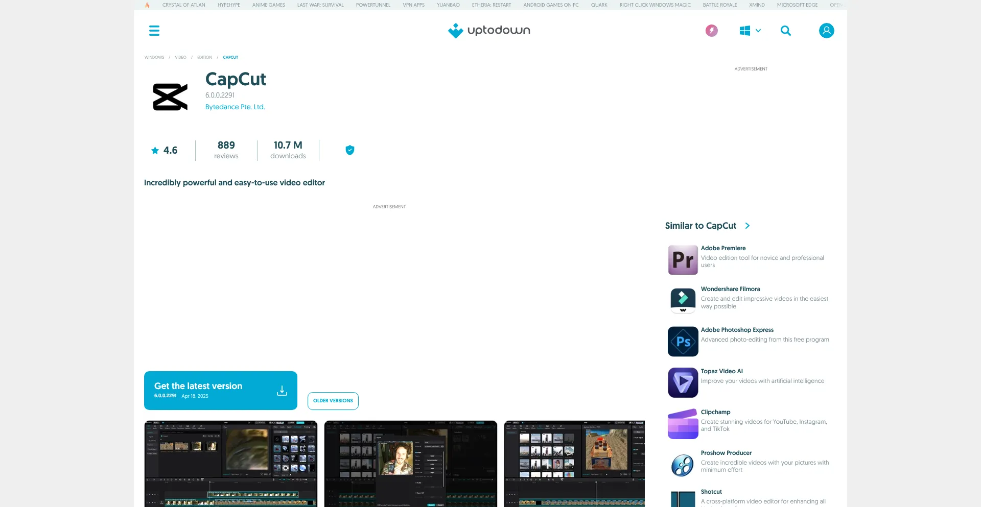 Website screenshot of Capcut.en.uptodown.com