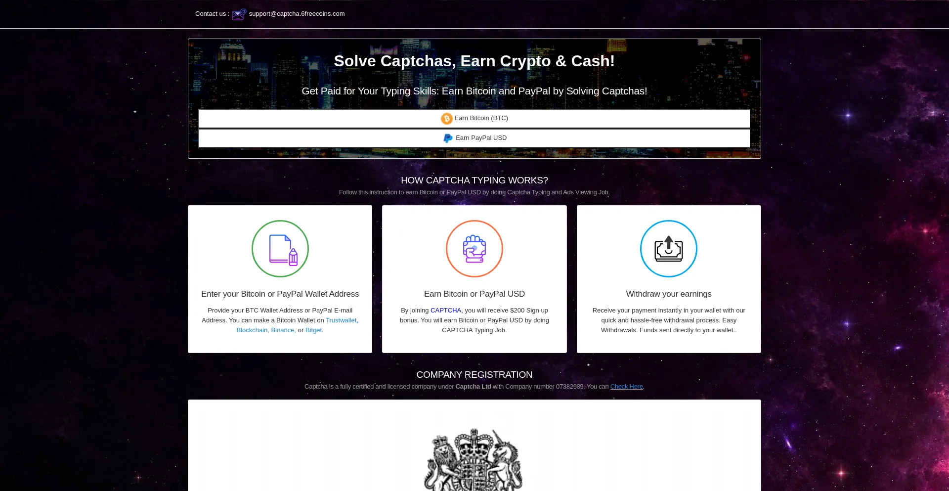 Website screenshot of Captcha.6freecoins.com