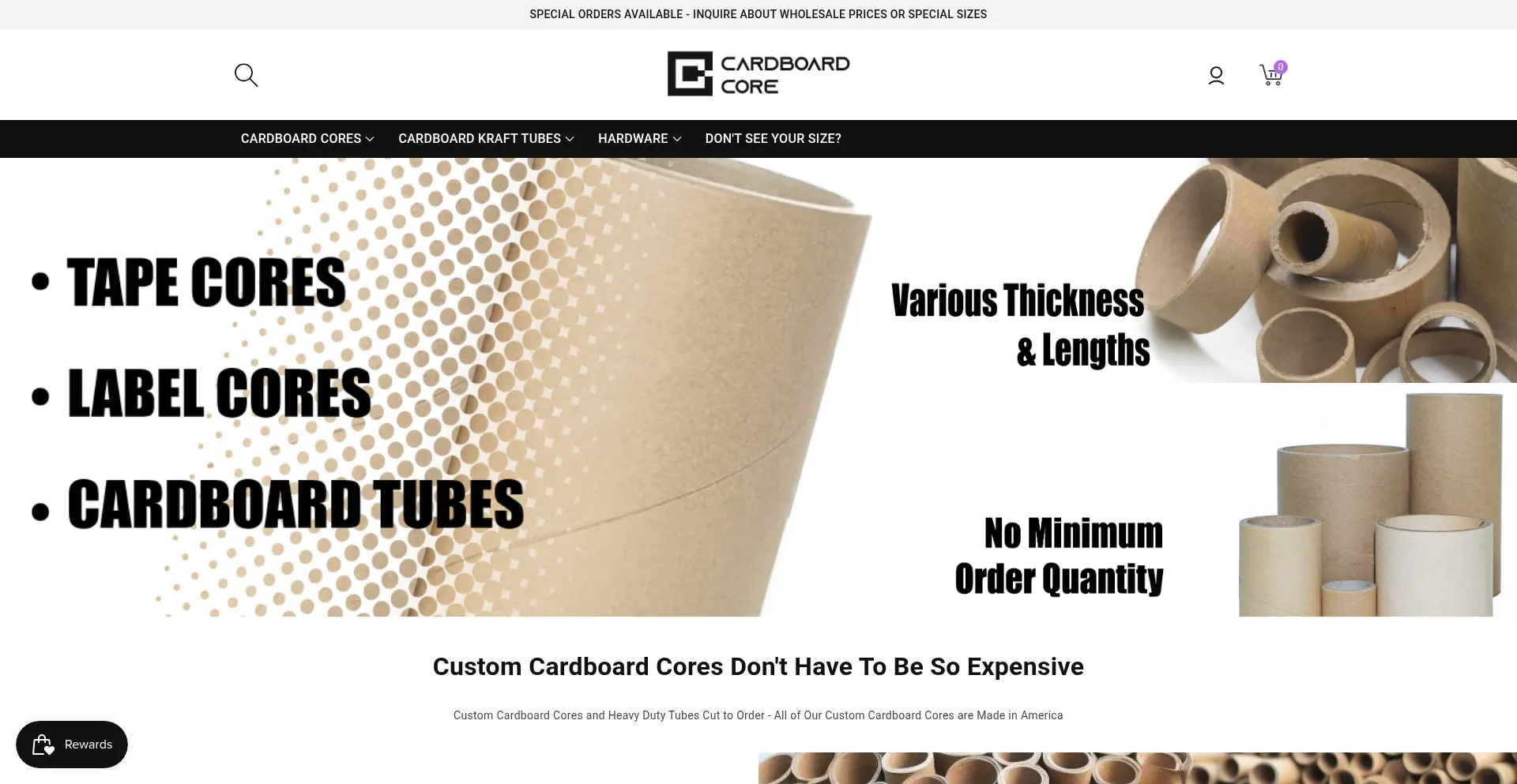Website screenshot of Cardboardcore.com