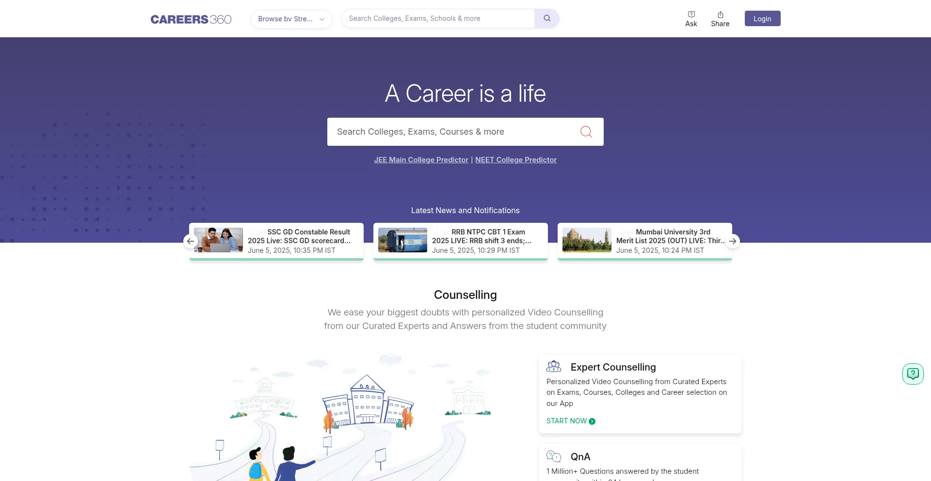 Website screenshot of Careers360.com