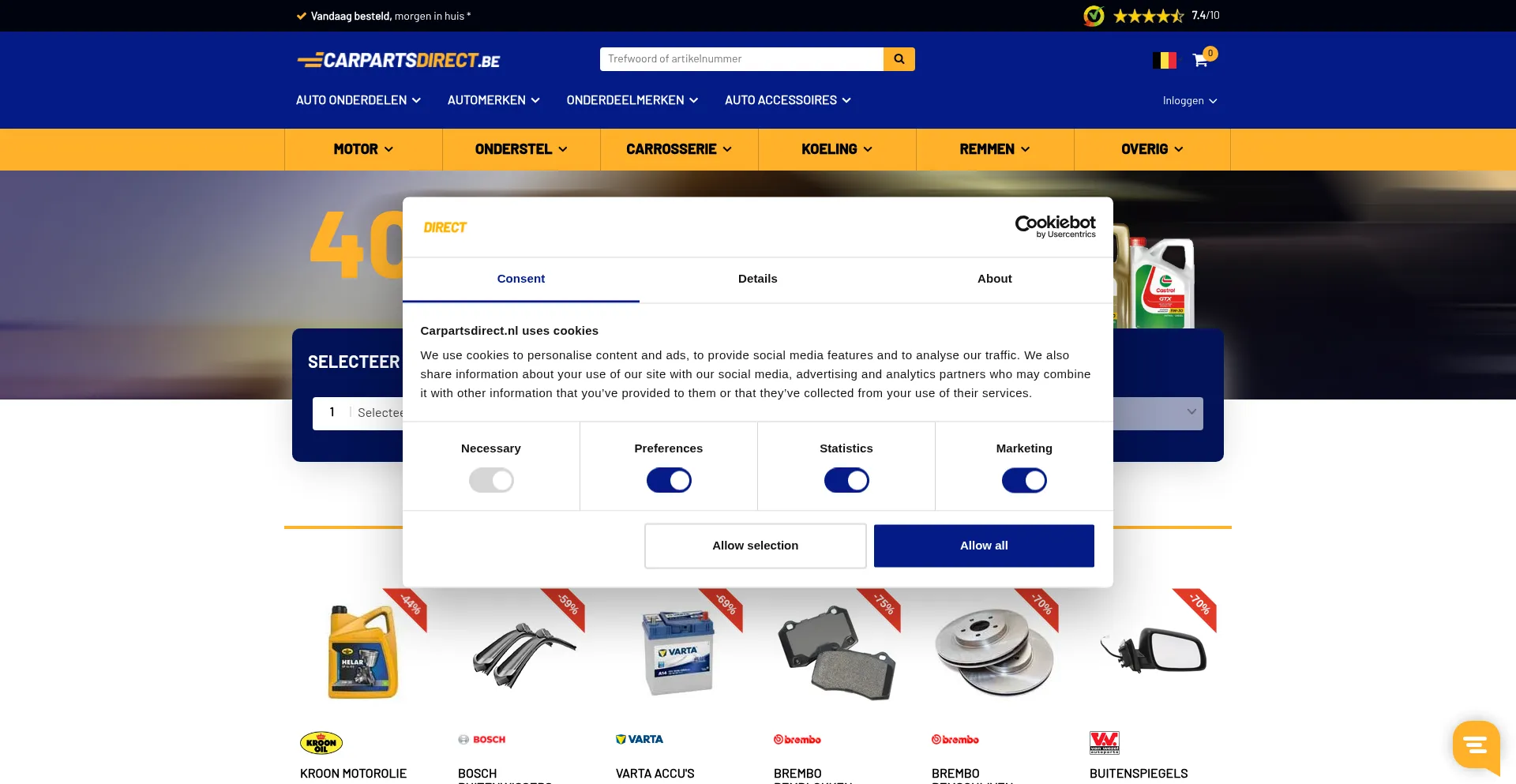 Website screenshot of Carpartsdirect.be