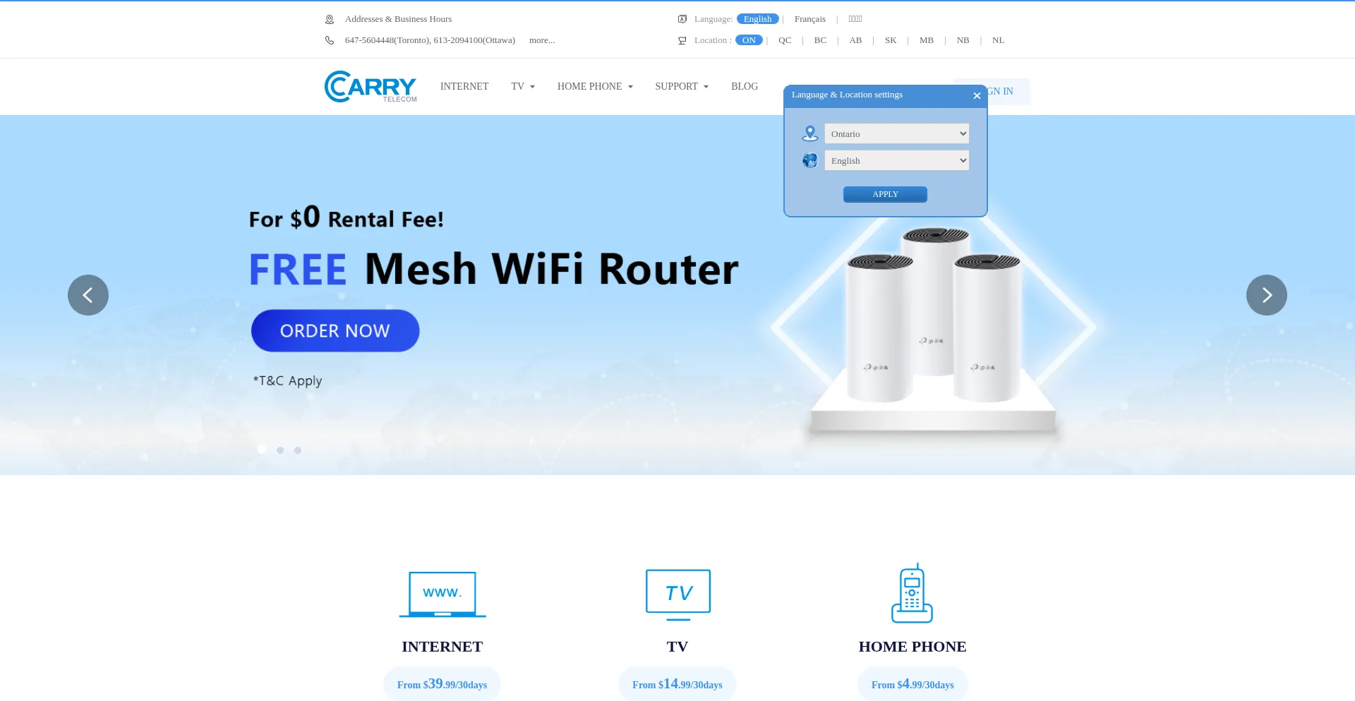 Website screenshot of Carrytel.ca