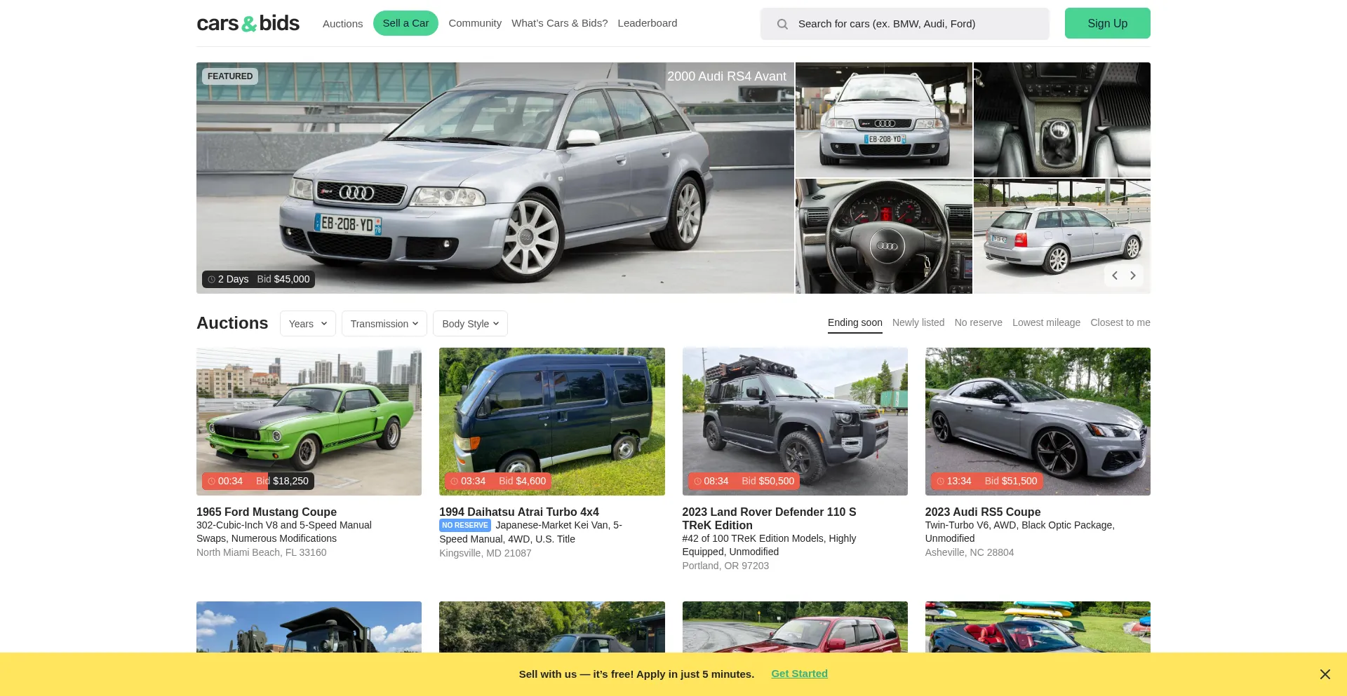 Website screenshot of Carsandbids.com